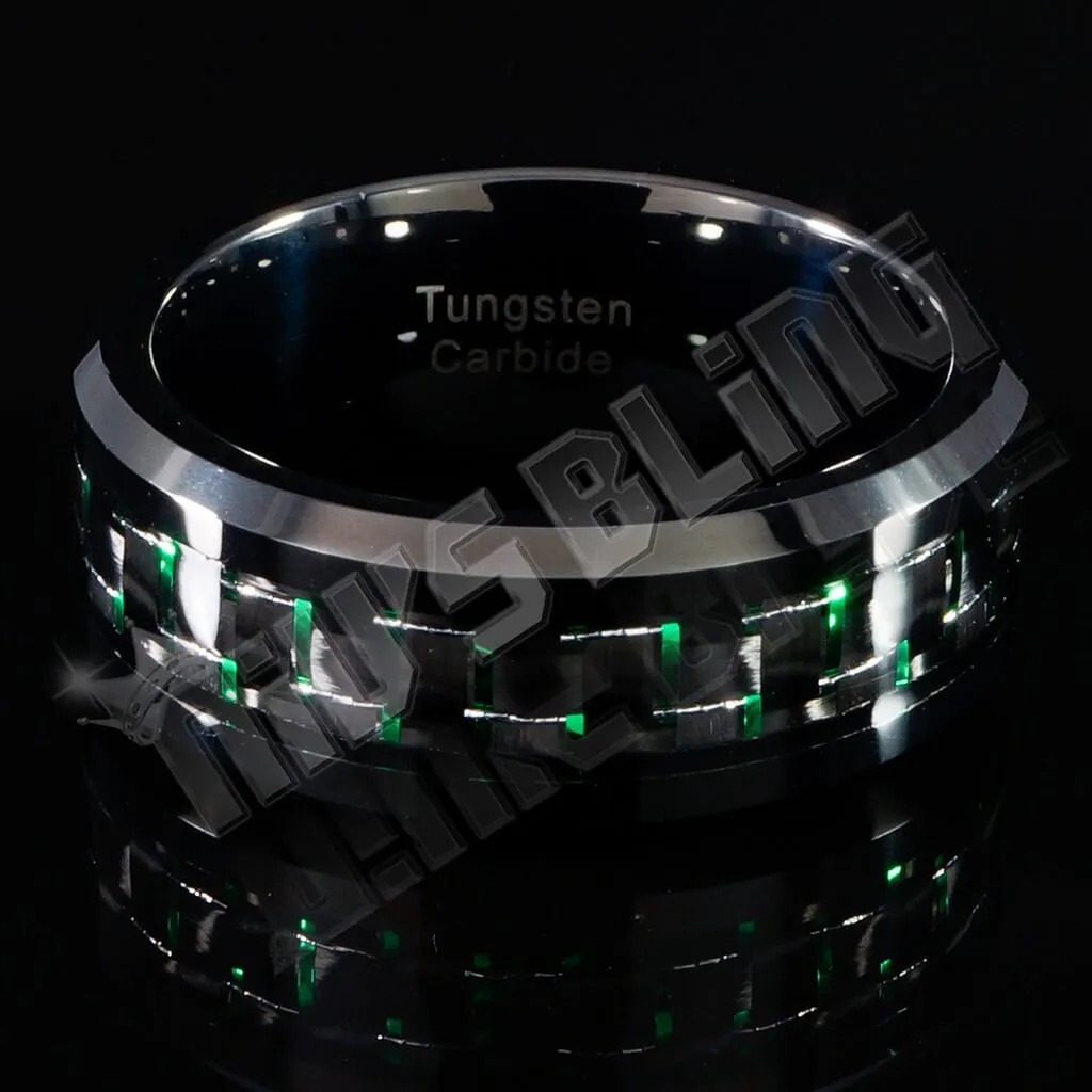 Black and Green Carbon Fiber Tungsten Carbide Ring 8MM