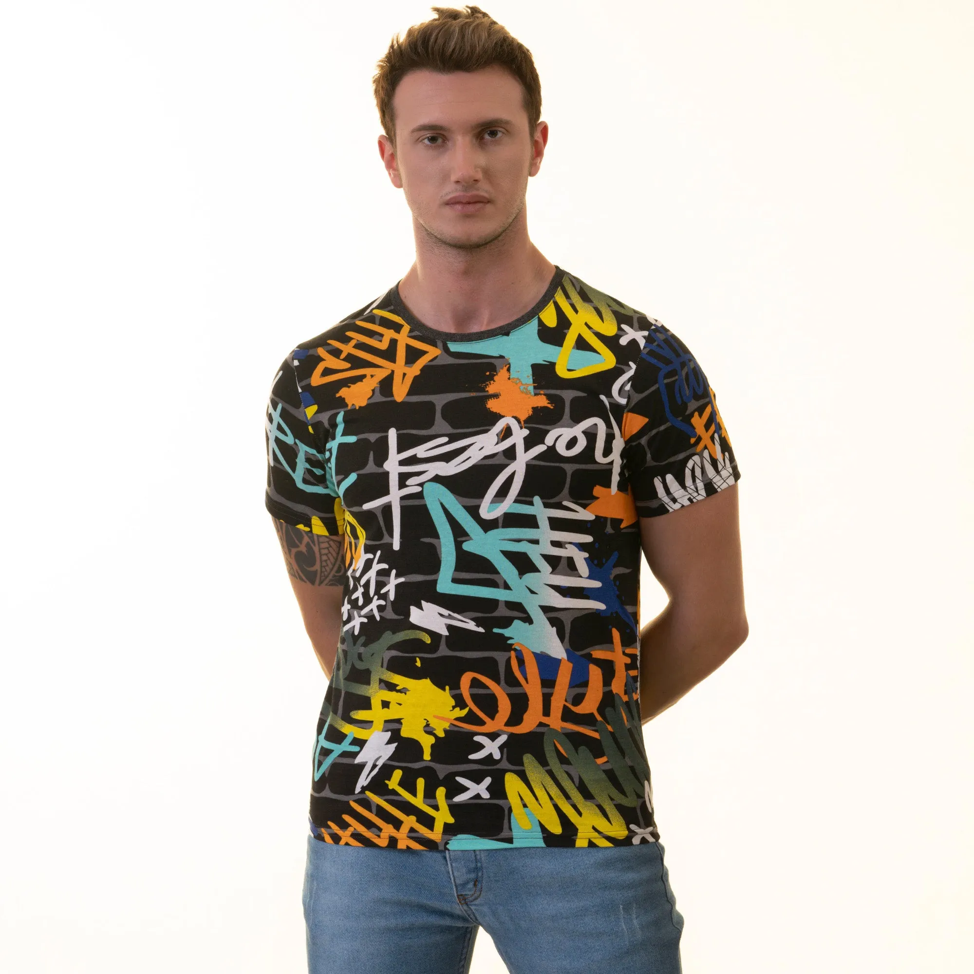 Black Blue Grafiti Printed European Made Premium Quality T-Shirt - Crew Neck Short Sleeve T-Shirts