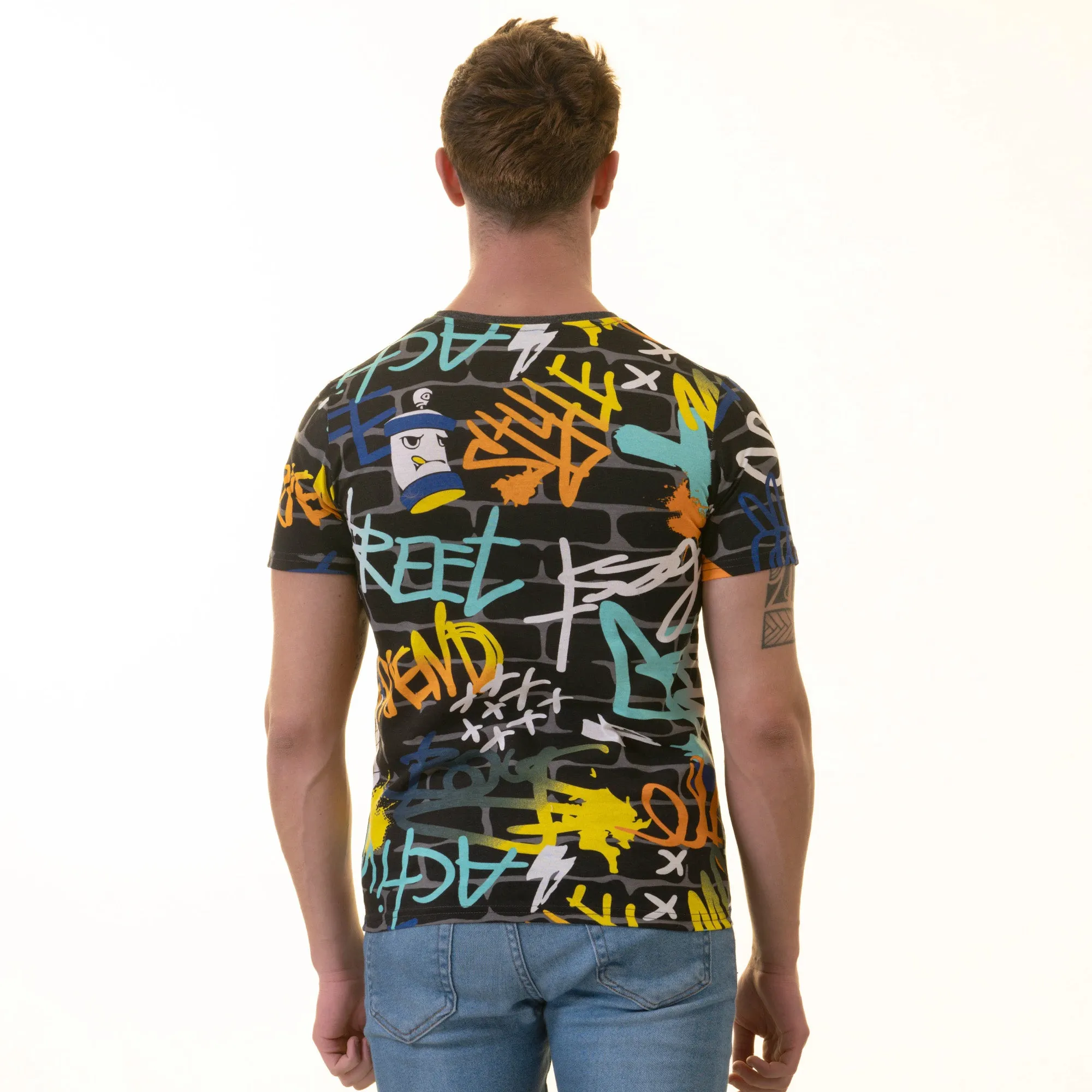 Black Blue Grafiti Printed European Made Premium Quality T-Shirt - Crew Neck Short Sleeve T-Shirts