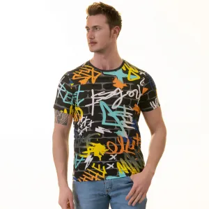 Black Blue Grafiti Printed European Made Premium Quality T-Shirt - Crew Neck Short Sleeve T-Shirts
