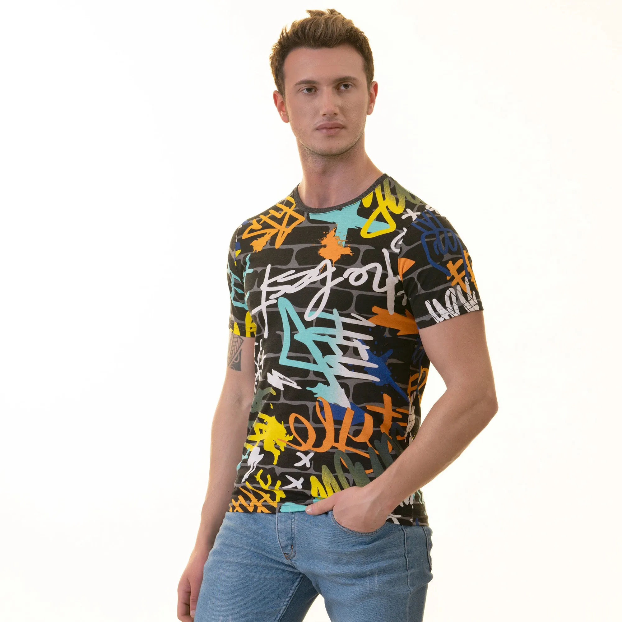 Black Blue Grafiti Printed European Made Premium Quality T-Shirt - Crew Neck Short Sleeve T-Shirts