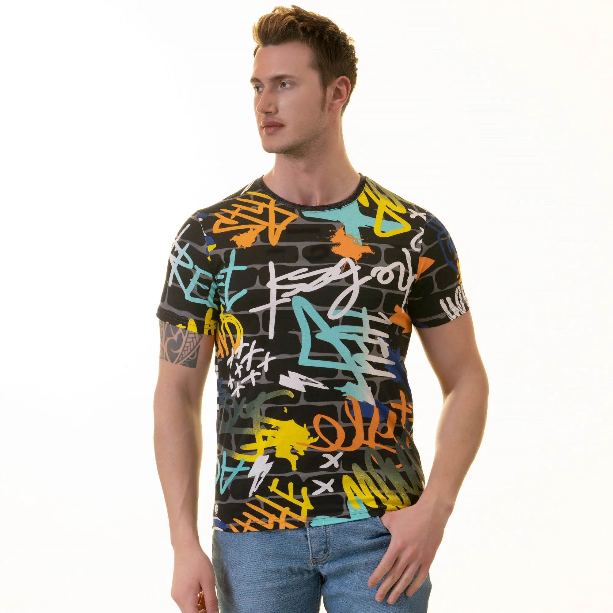 Black Blue Grafiti Printed European Made Premium Quality T-Shirt - Crew Neck Short Sleeve T-Shirts