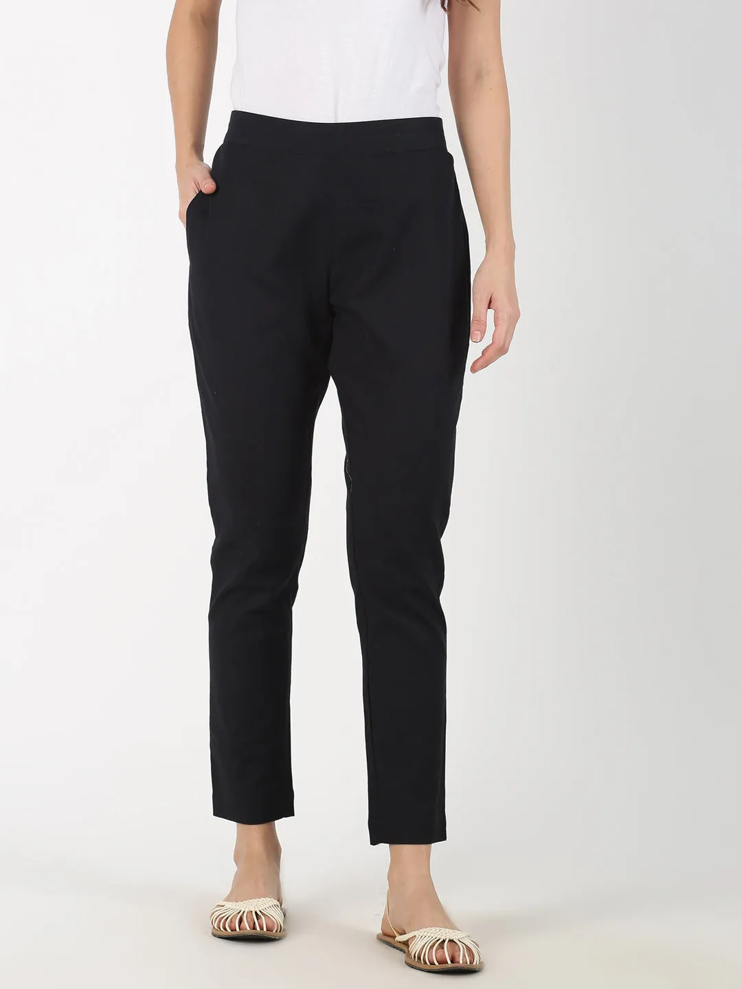 Black Cotton Flax Straight Pant with Side Pocket
