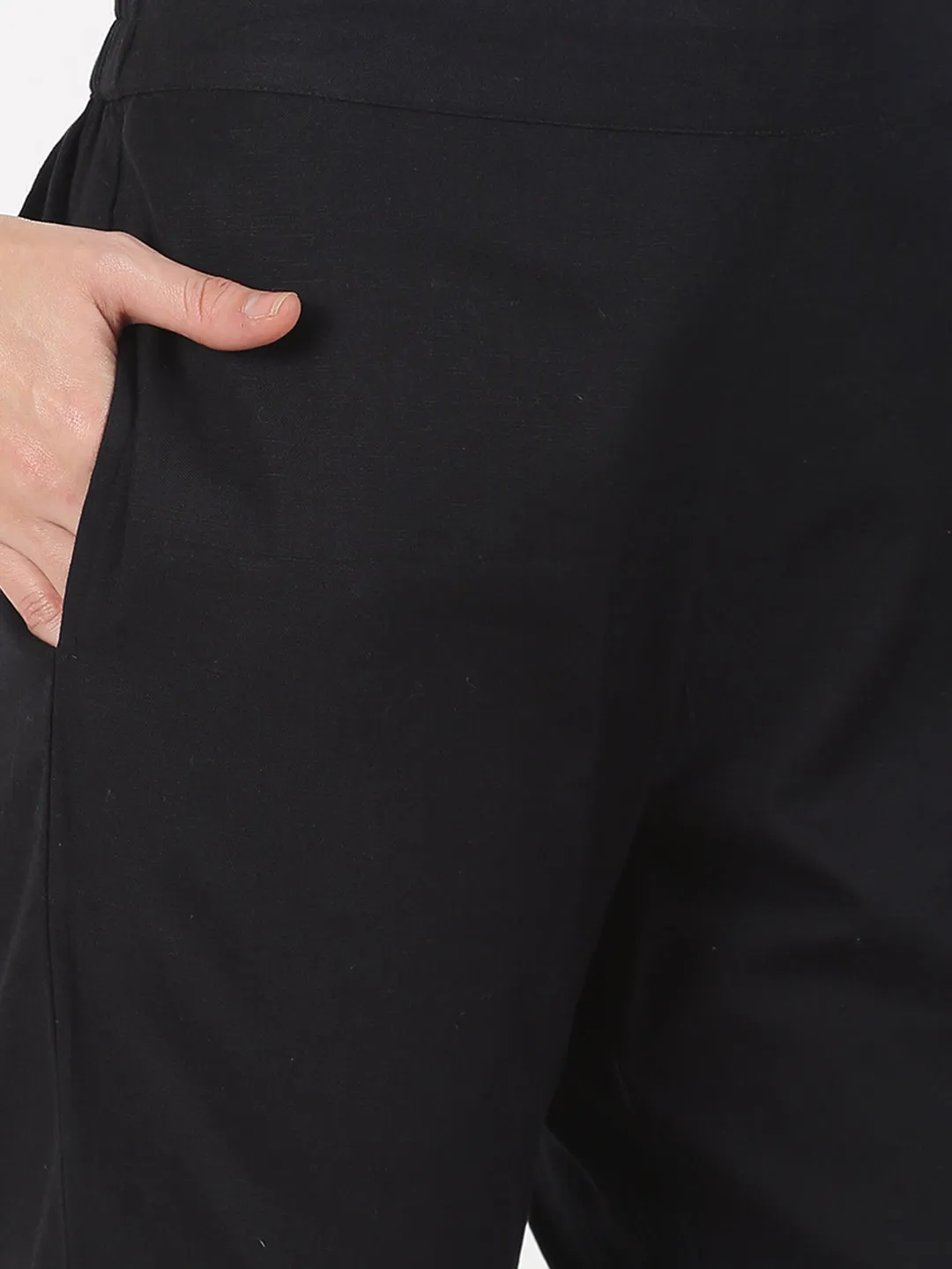 Black Cotton Flax Straight Pant with Side Pocket