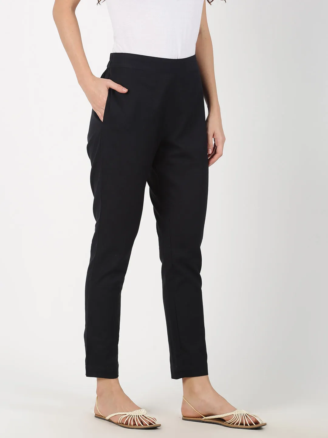 Black Cotton Flax Straight Pant with Side Pocket