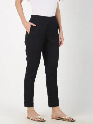 Black Cotton Flax Straight Pant with Side Pocket