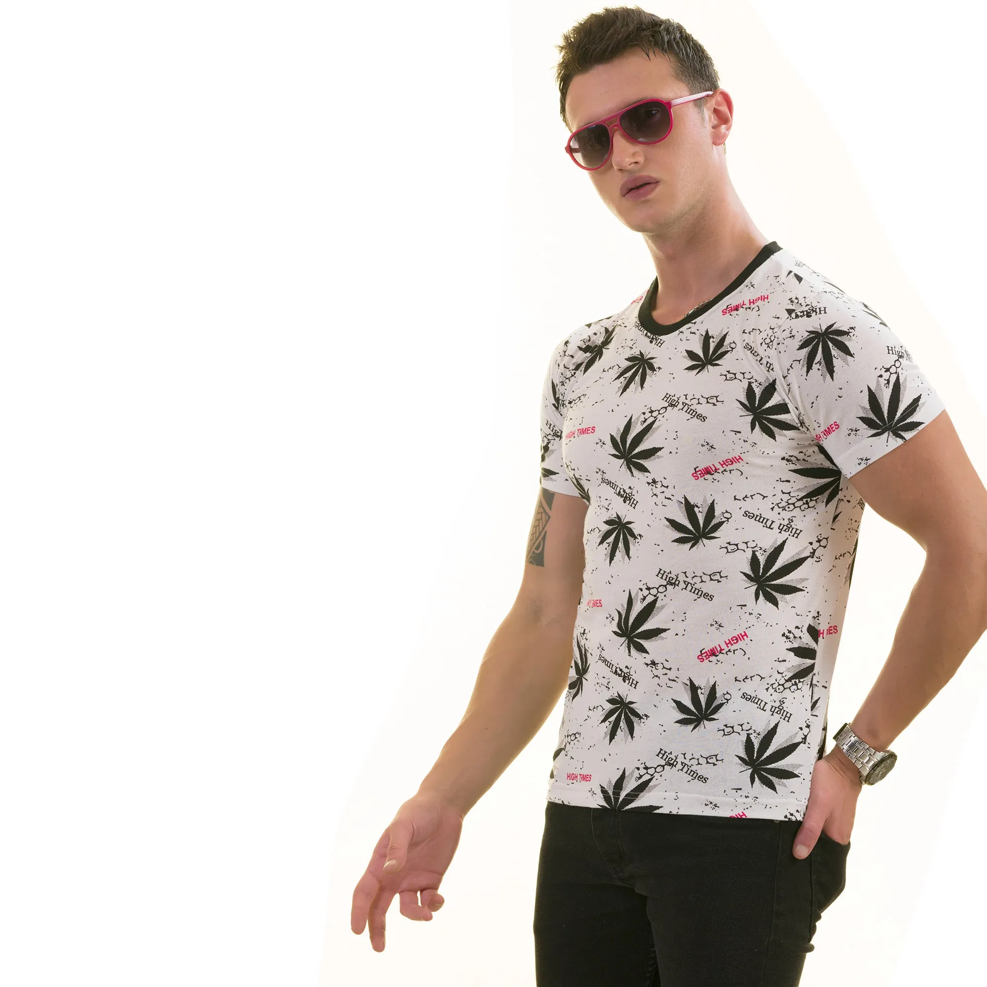 Black Leaves Printed on White European Made Premium Quality T-Shirt - Crew Neck Short Sleeve T-Shirts