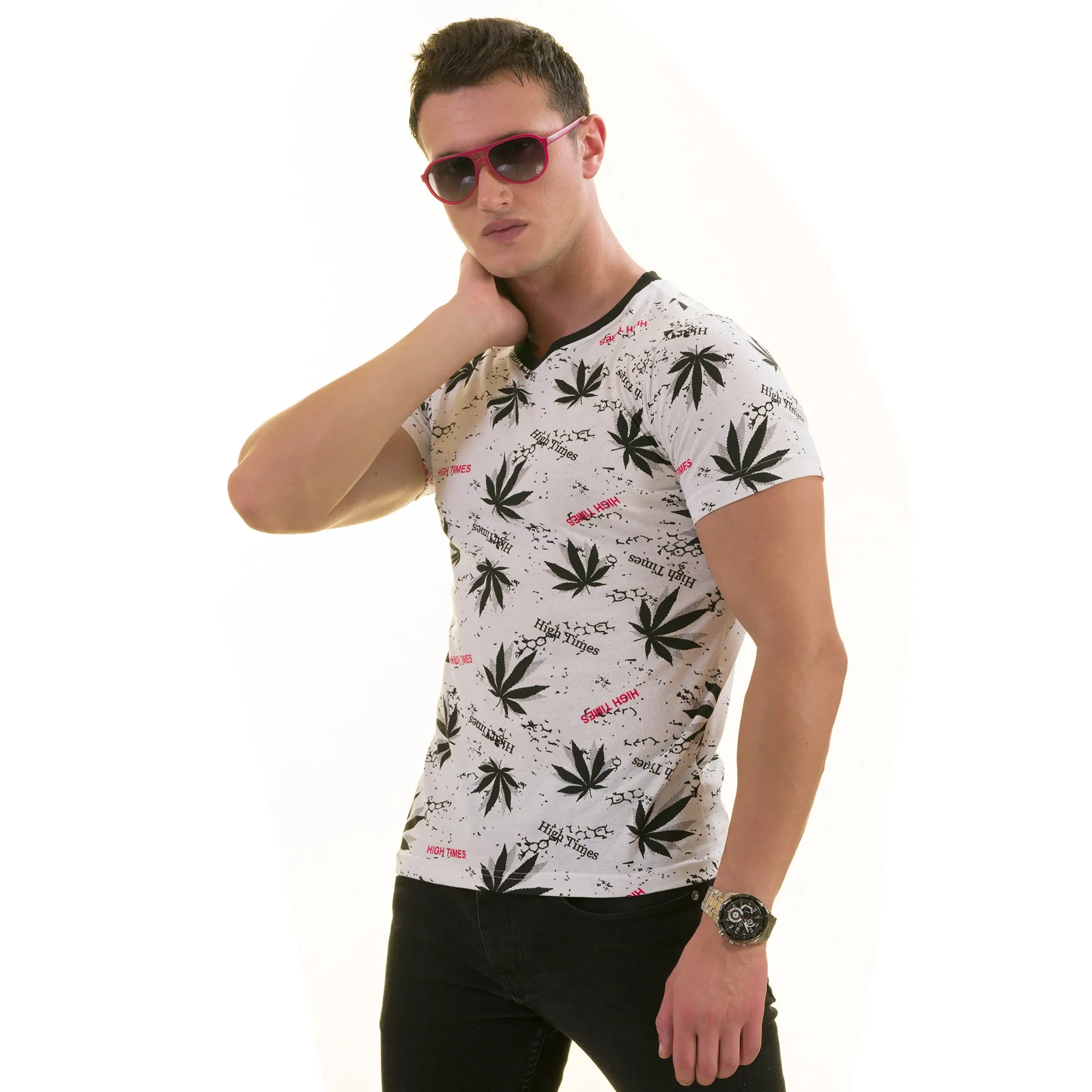 Black Leaves Printed on White European Made Premium Quality T-Shirt - Crew Neck Short Sleeve T-Shirts