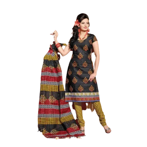 Black Printed Pure Cotton semi stitched Salwar Suit with dupatta
