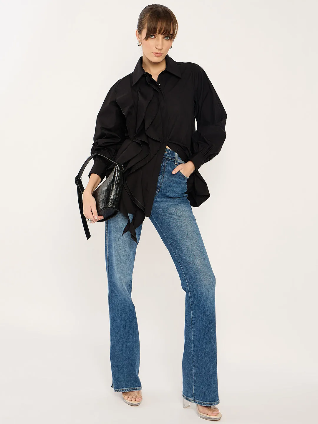 Black Ruffle Detailing Poplin Shirt