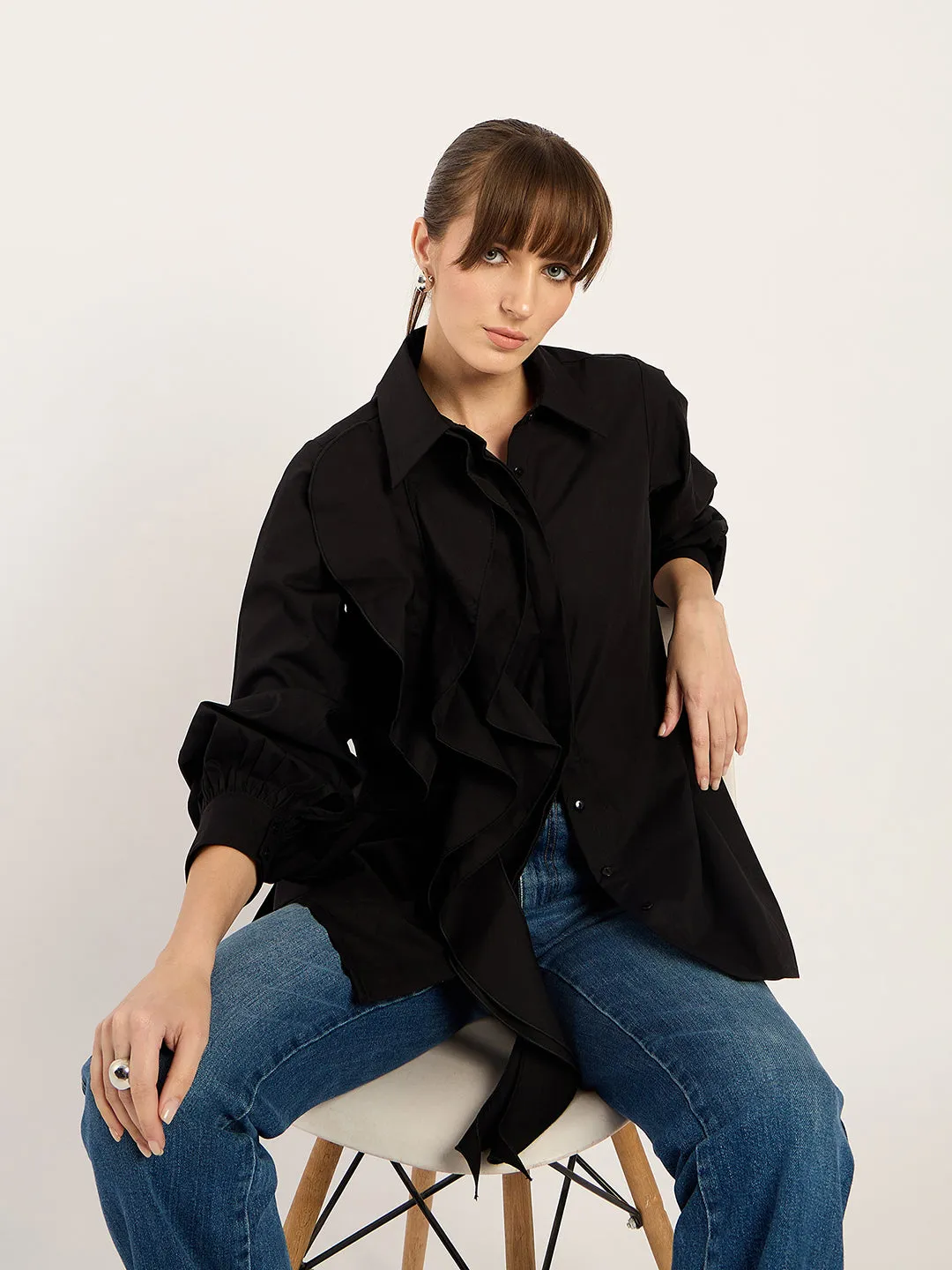 Black Ruffle Detailing Poplin Shirt