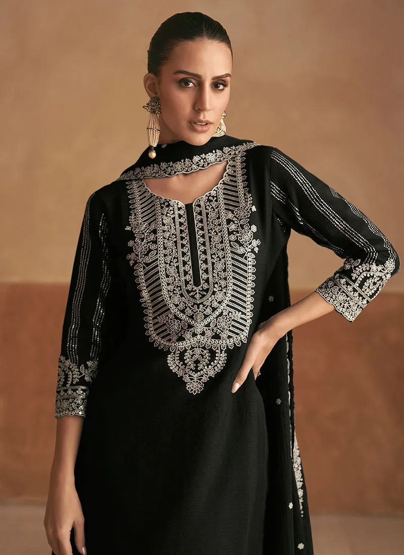 Black Thread Embroidery Palazzo Style Suit