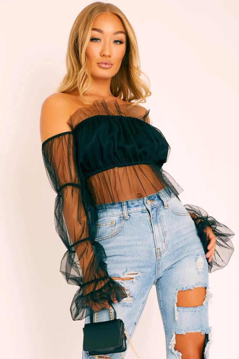 Black Tulle Mesh Bardot Crop Top - Gemini
