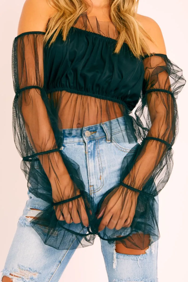 Black Tulle Mesh Bardot Crop Top - Gemini