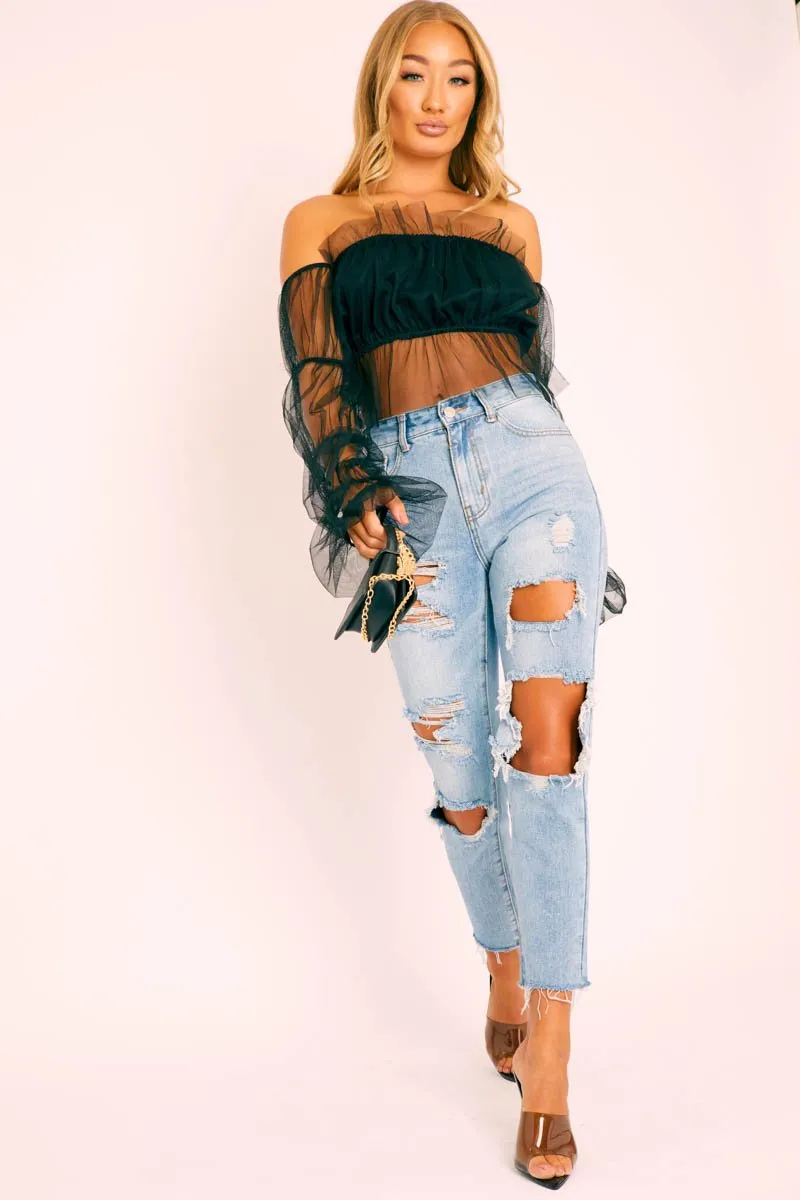 Black Tulle Mesh Bardot Crop Top - Gemini