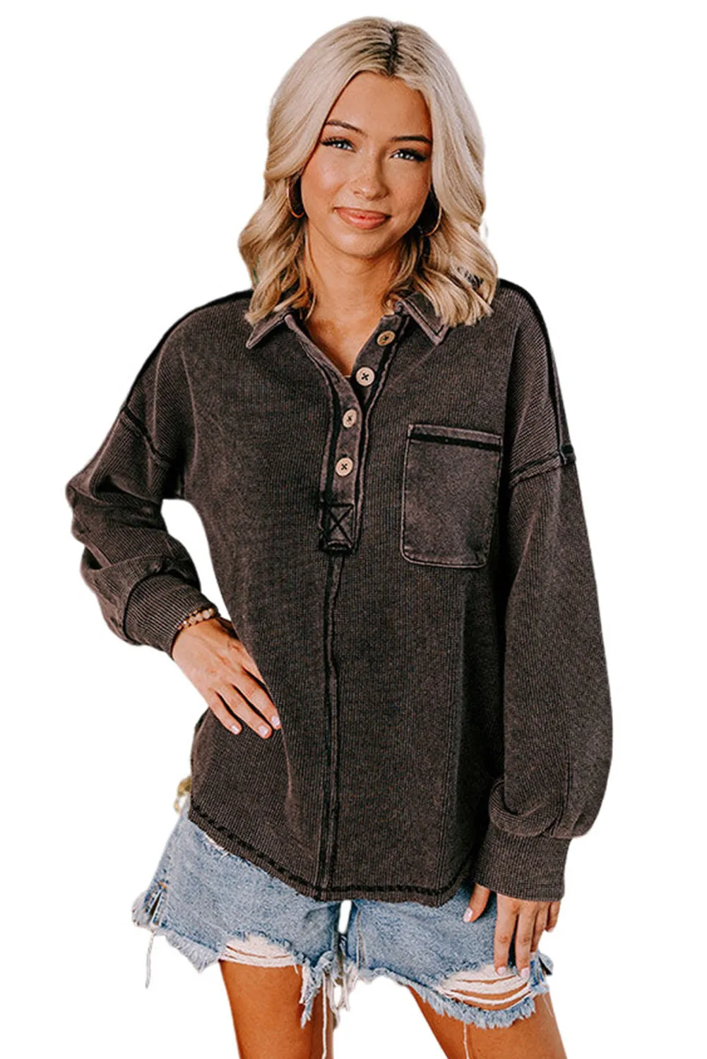 Black Waffle Exposed Seam Pocket Henley Sweatshirt
