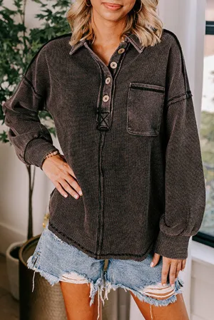 Black Waffle Exposed Seam Pocket Henley Sweatshirt