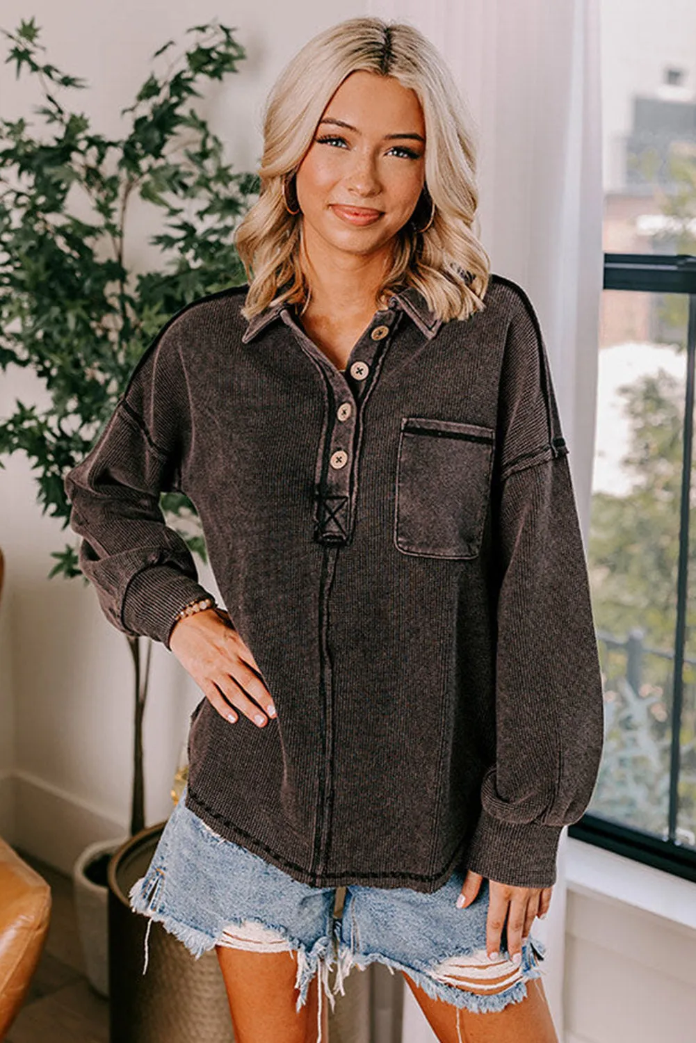 Black Waffle Exposed Seam Pocket Henley Sweatshirt