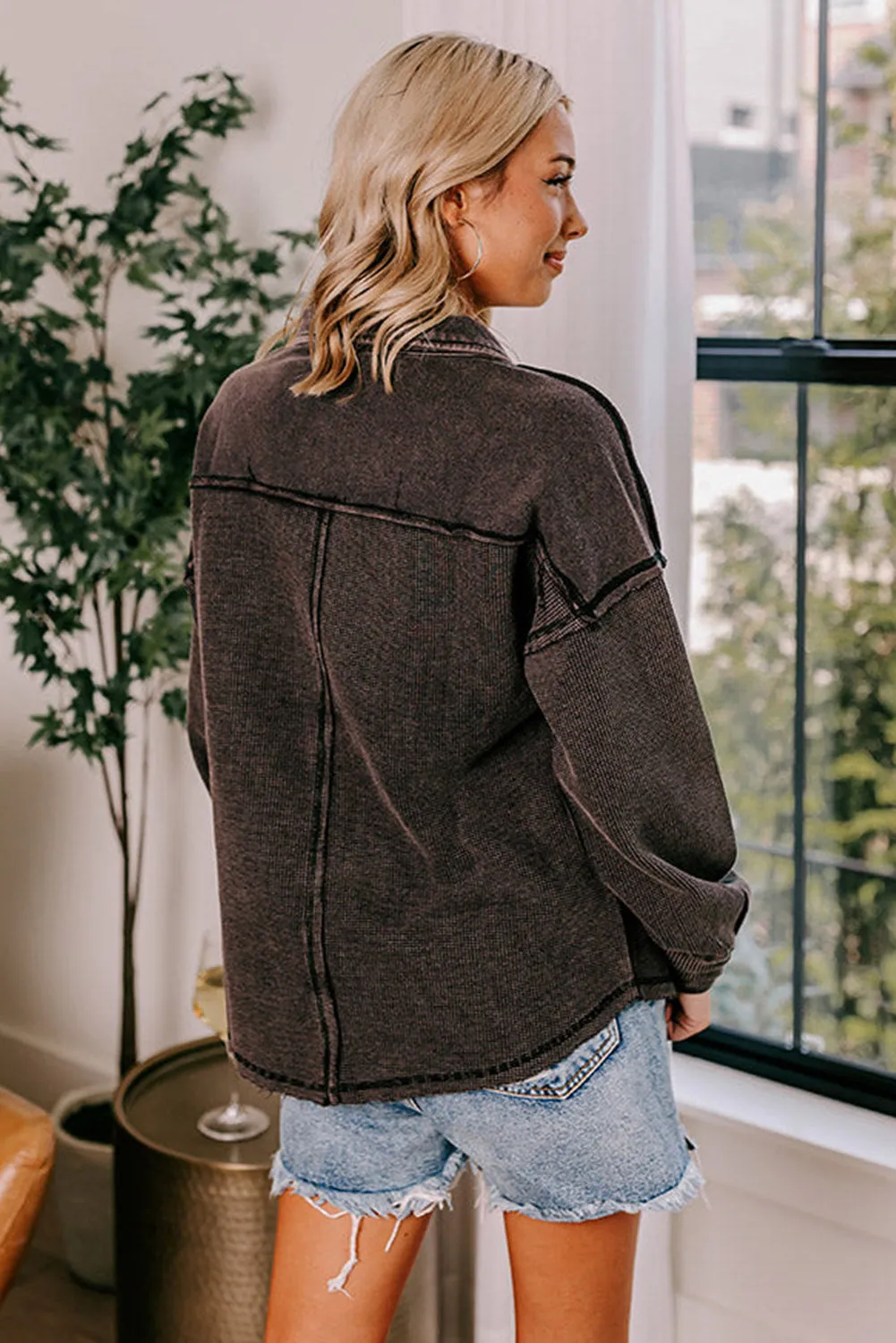 Black Waffle Exposed Seam Pocket Henley Sweatshirt