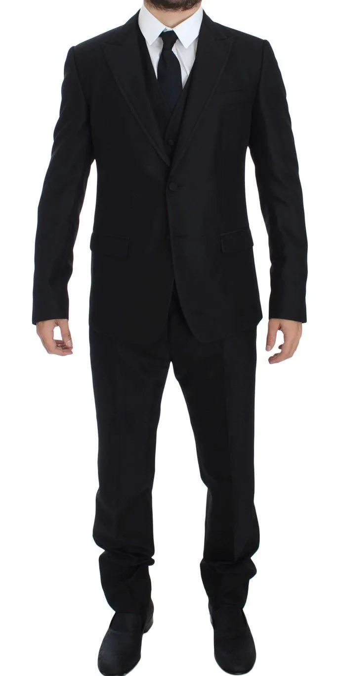 Black Wool Silk Slim 3 Piece Suit Tuxedo
