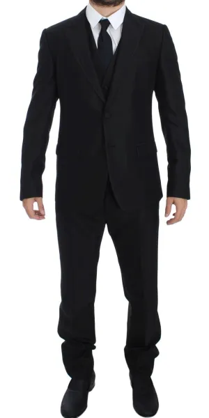 Black Wool Silk Slim 3 Piece Suit Tuxedo