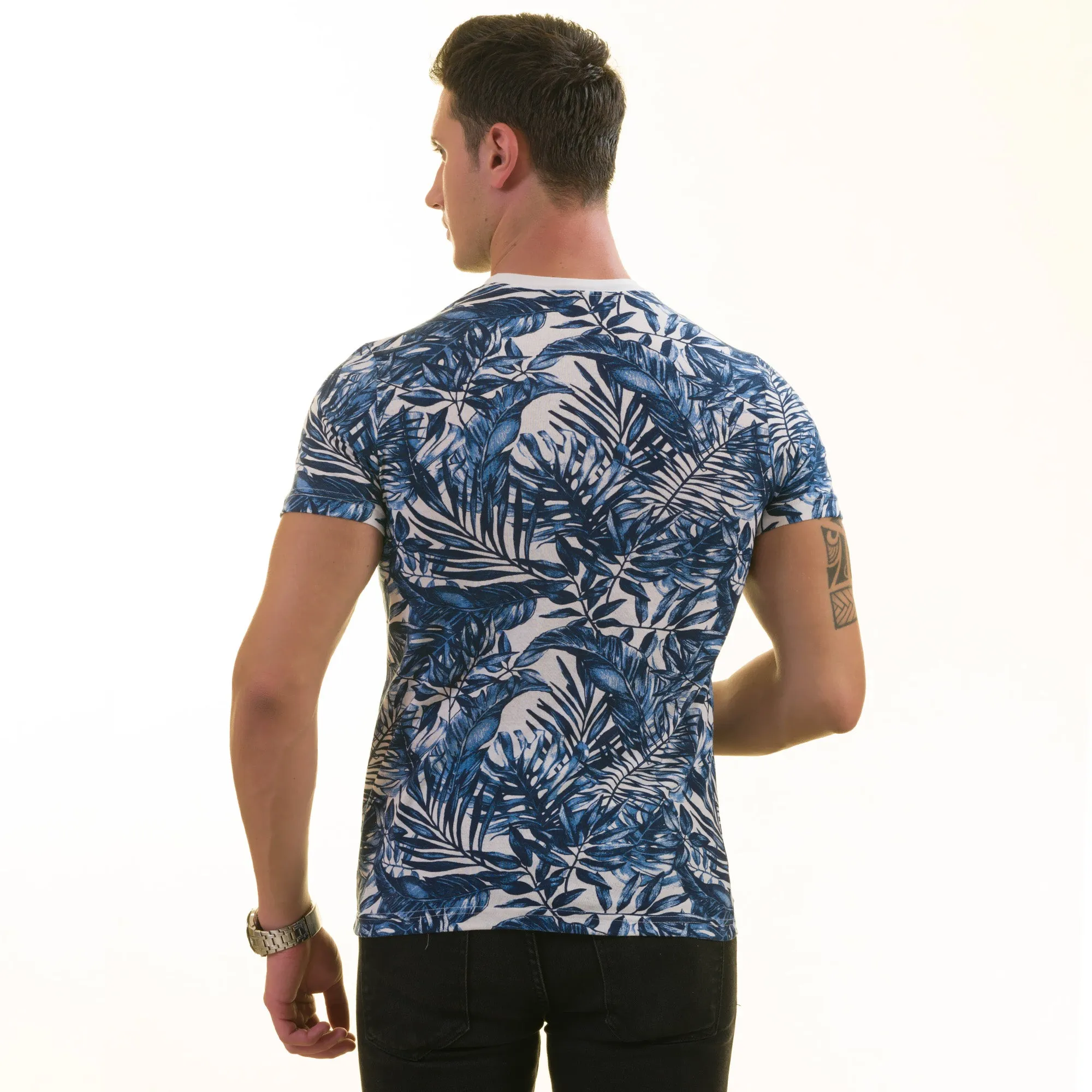 Blue and White Hawaiian European Made Premium Quality T-Shirt - Crew Neck Short Sleeve T-Shirts