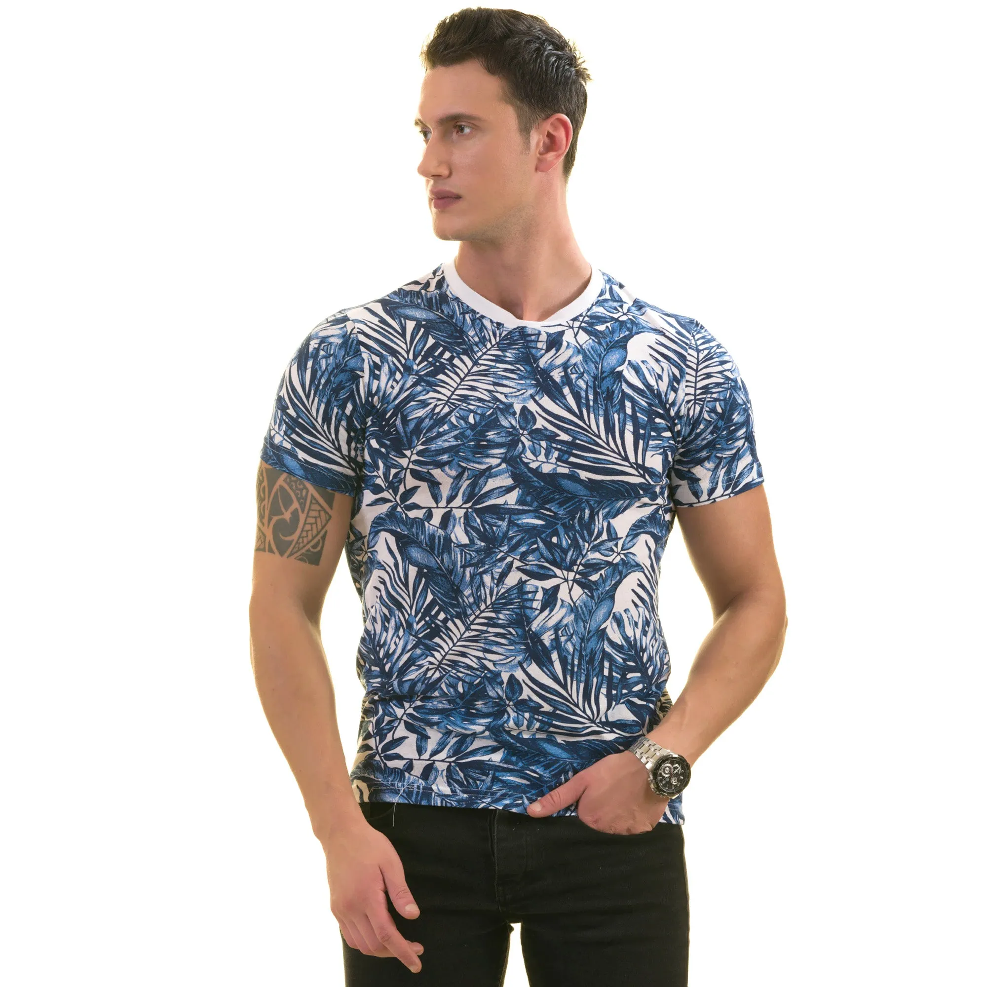 Blue and White Hawaiian European Made Premium Quality T-Shirt - Crew Neck Short Sleeve T-Shirts