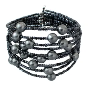 Blue Gray Beaded Coil Cuff Bracelet