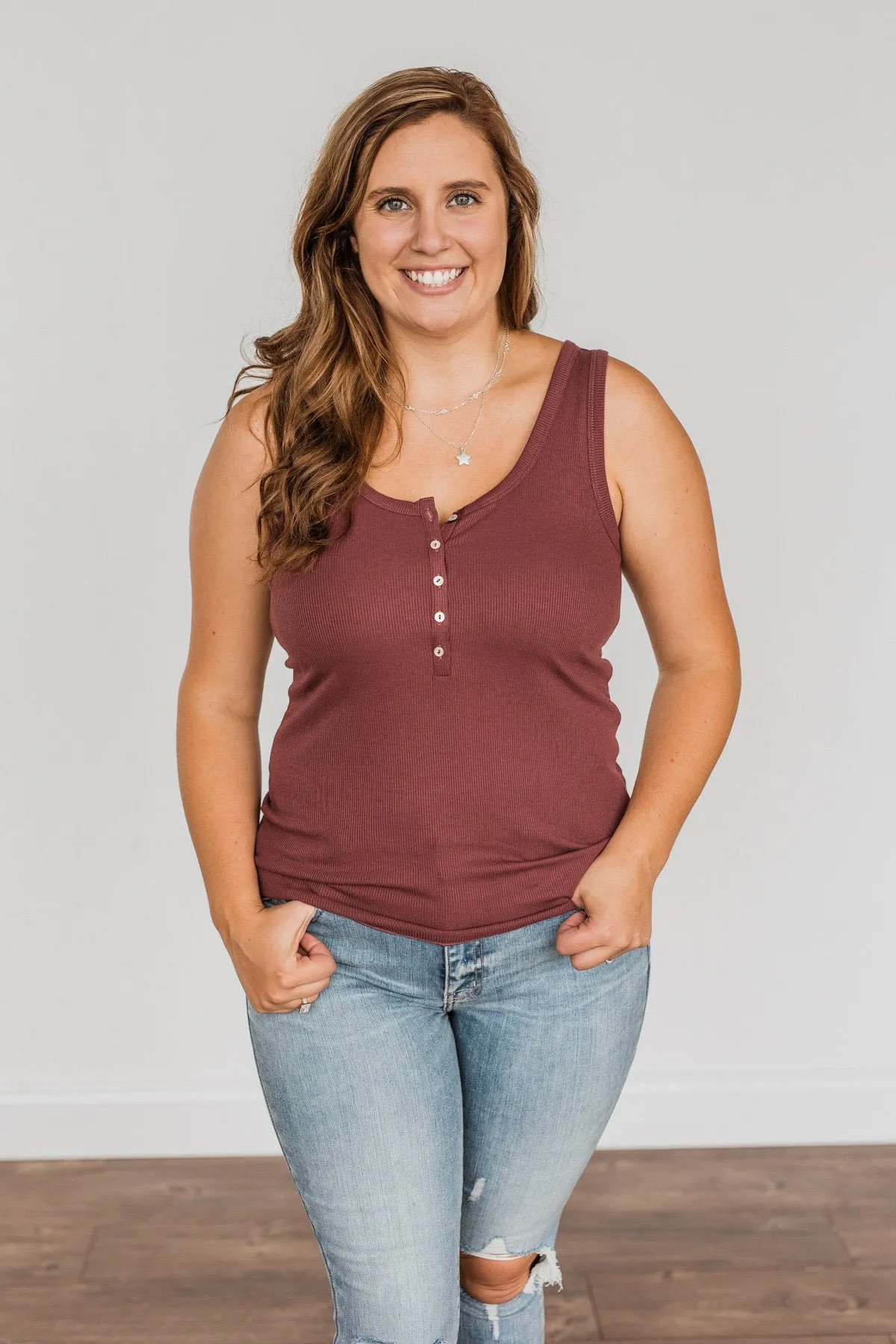 Bound To Be Beautiful Button Henley Tank Top- Brick