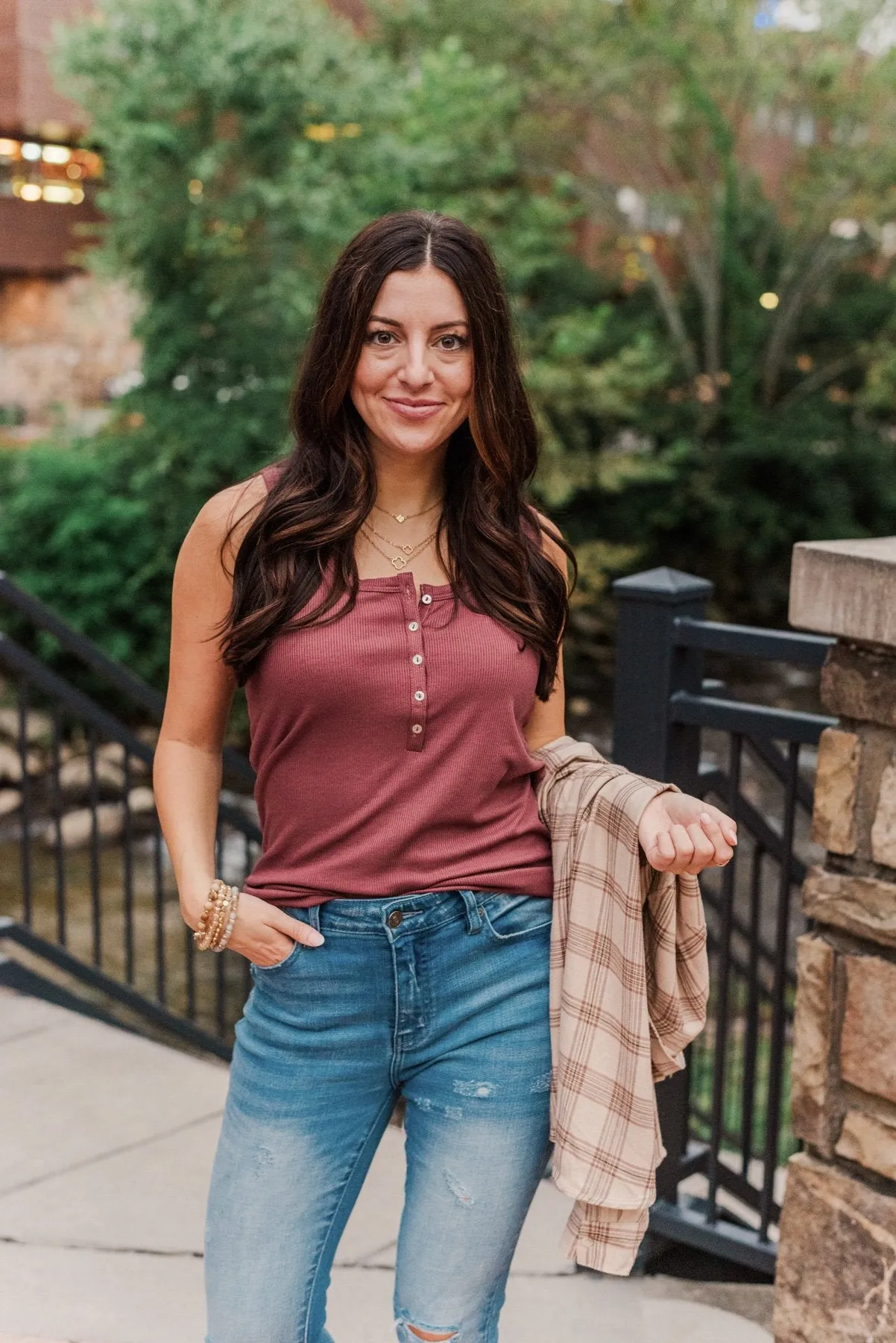 Bound To Be Beautiful Button Henley Tank Top- Brick