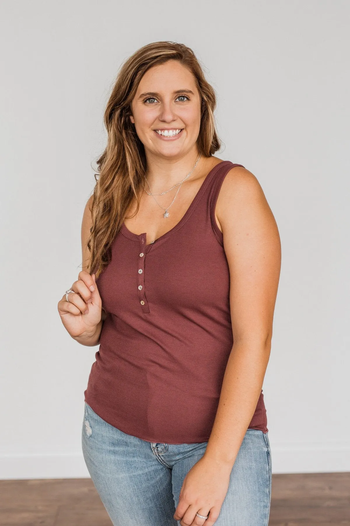 Bound To Be Beautiful Button Henley Tank Top- Brick
