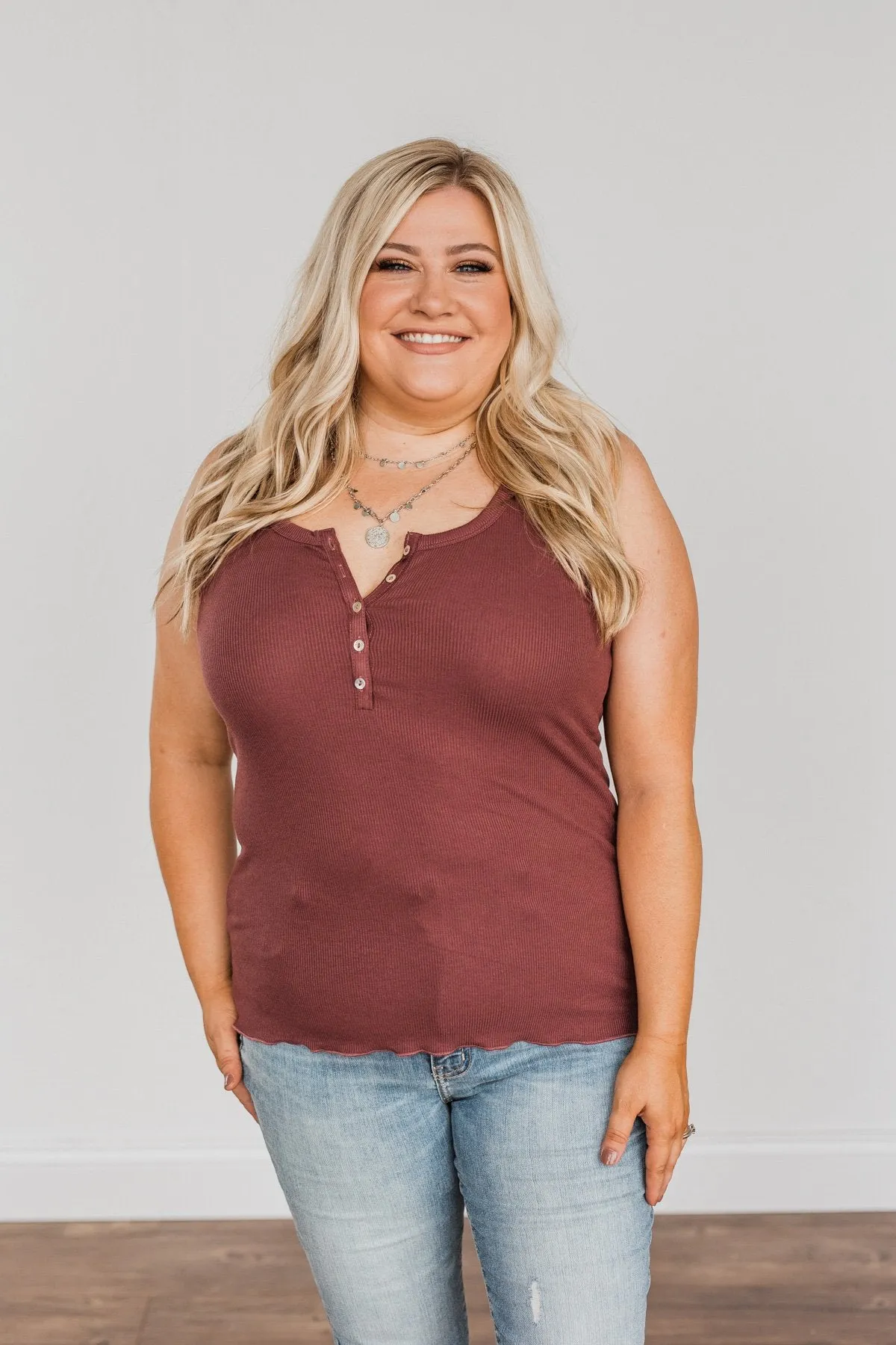 Bound To Be Beautiful Button Henley Tank Top- Brick