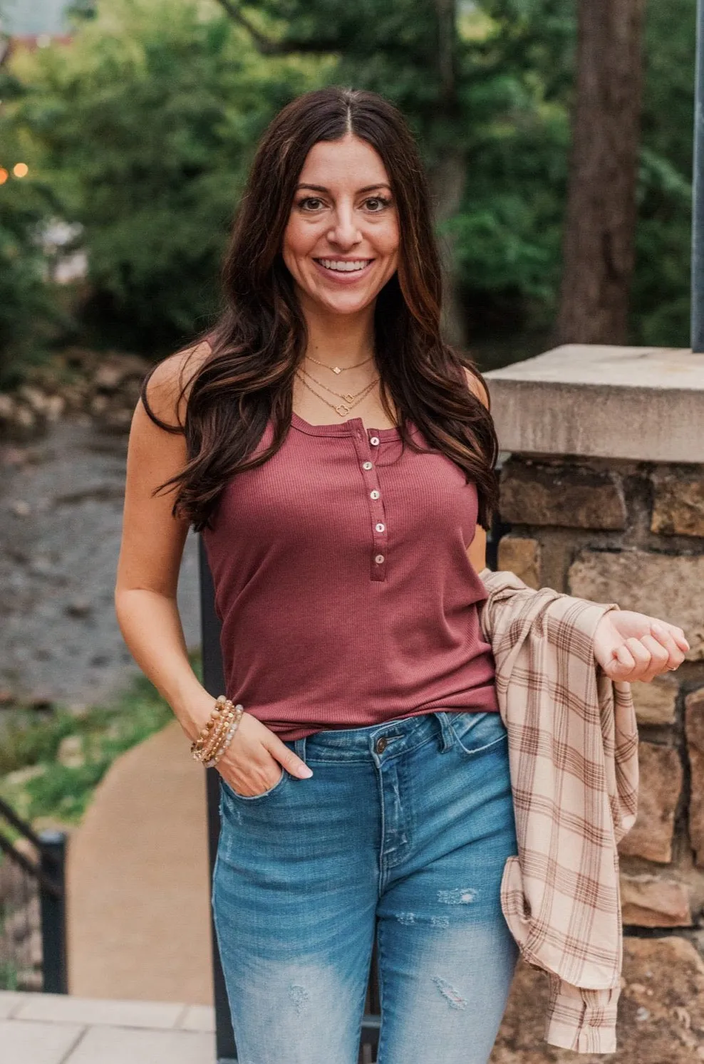 Bound To Be Beautiful Button Henley Tank Top- Brick