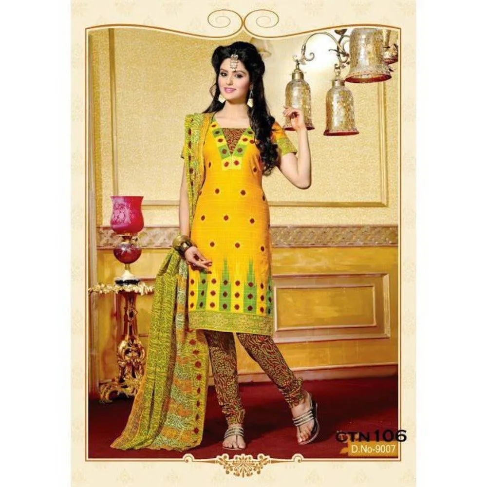 Bright Yellow Cotton Printed Salwar Suit Dress Material