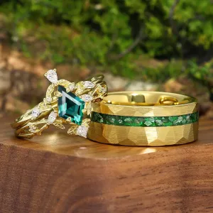 Brilliant Kite Emerald Stem Engagement Couple Rings Set His And Hers Matching Tungsten Wedding Bands