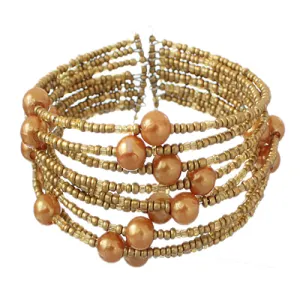 Bronze Beaded Coil Cuff Bracelet
