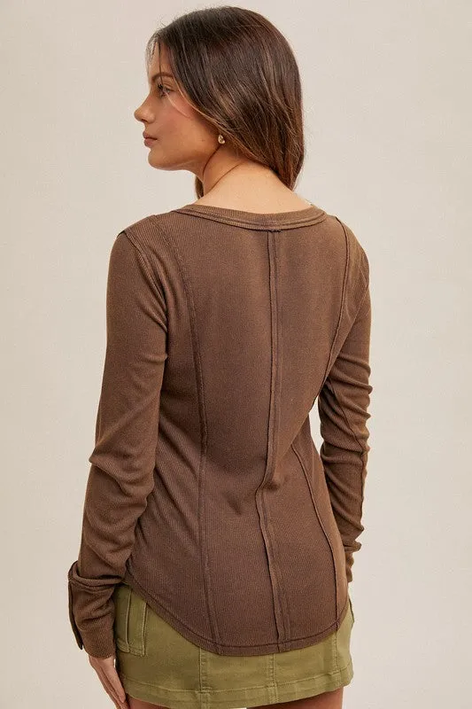 BROWN RIBBED HENLEY TOP