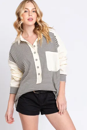 Calderon Stiped Drop Shoulder Button Front Henley Top - Cream