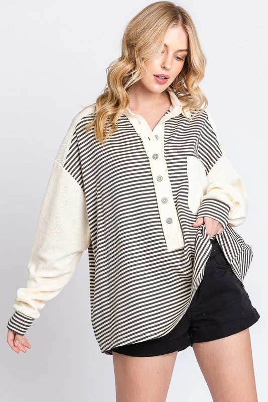 Calderon Stiped Drop Shoulder Button Front Henley Top - Cream