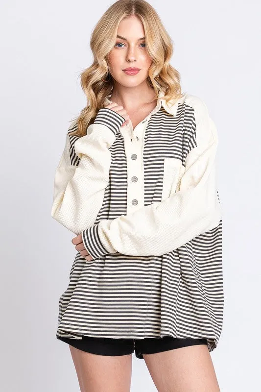 Calderon Stiped Drop Shoulder Button Front Henley Top - Cream