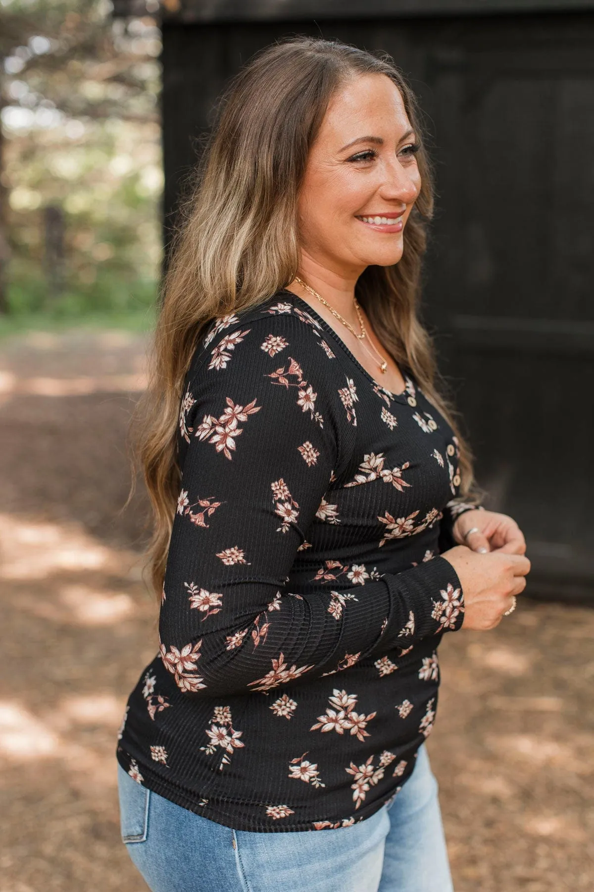 Call Me Lovely Floral Henley Top- Black & Tan