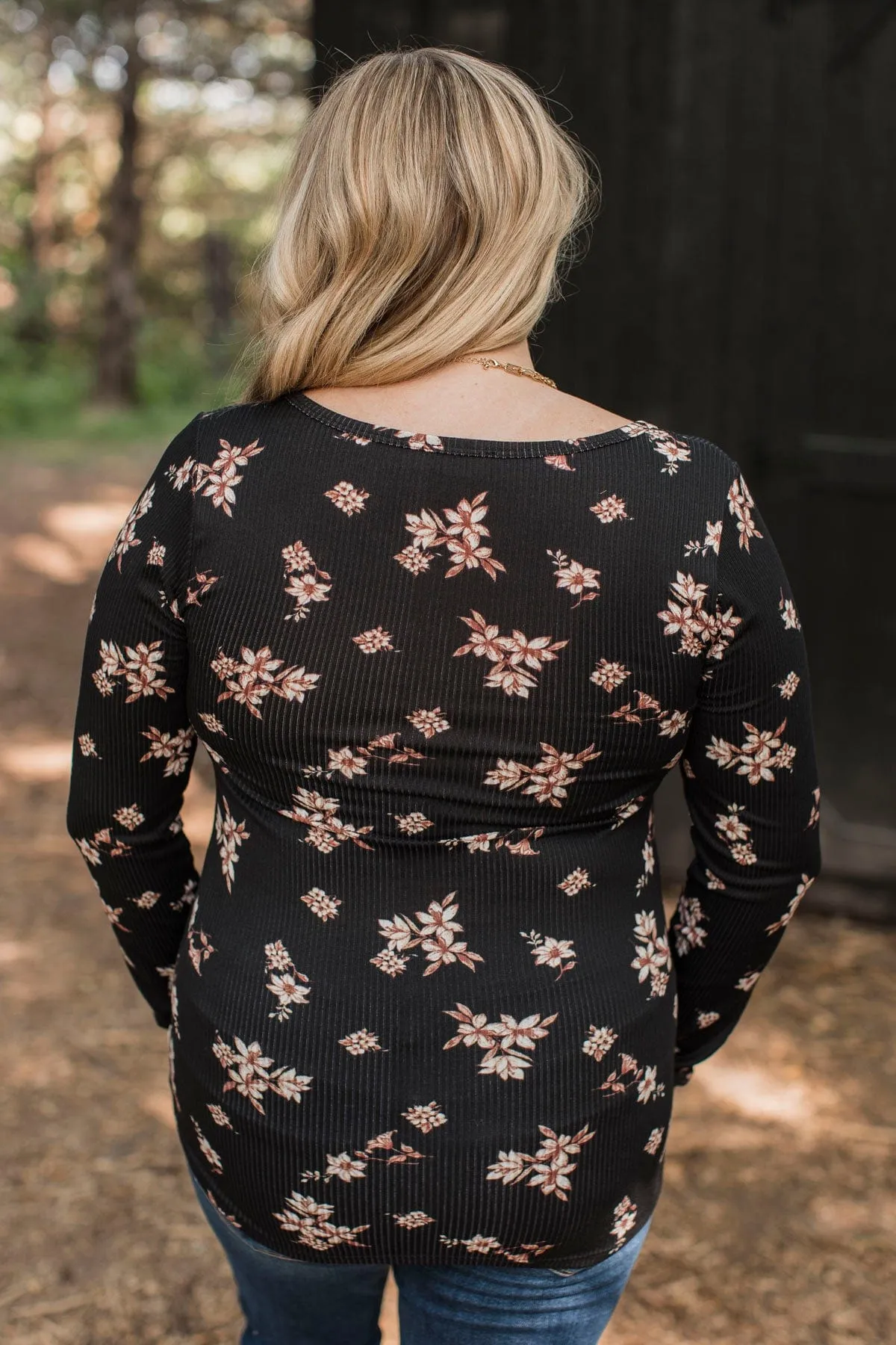 Call Me Lovely Floral Henley Top- Black & Tan