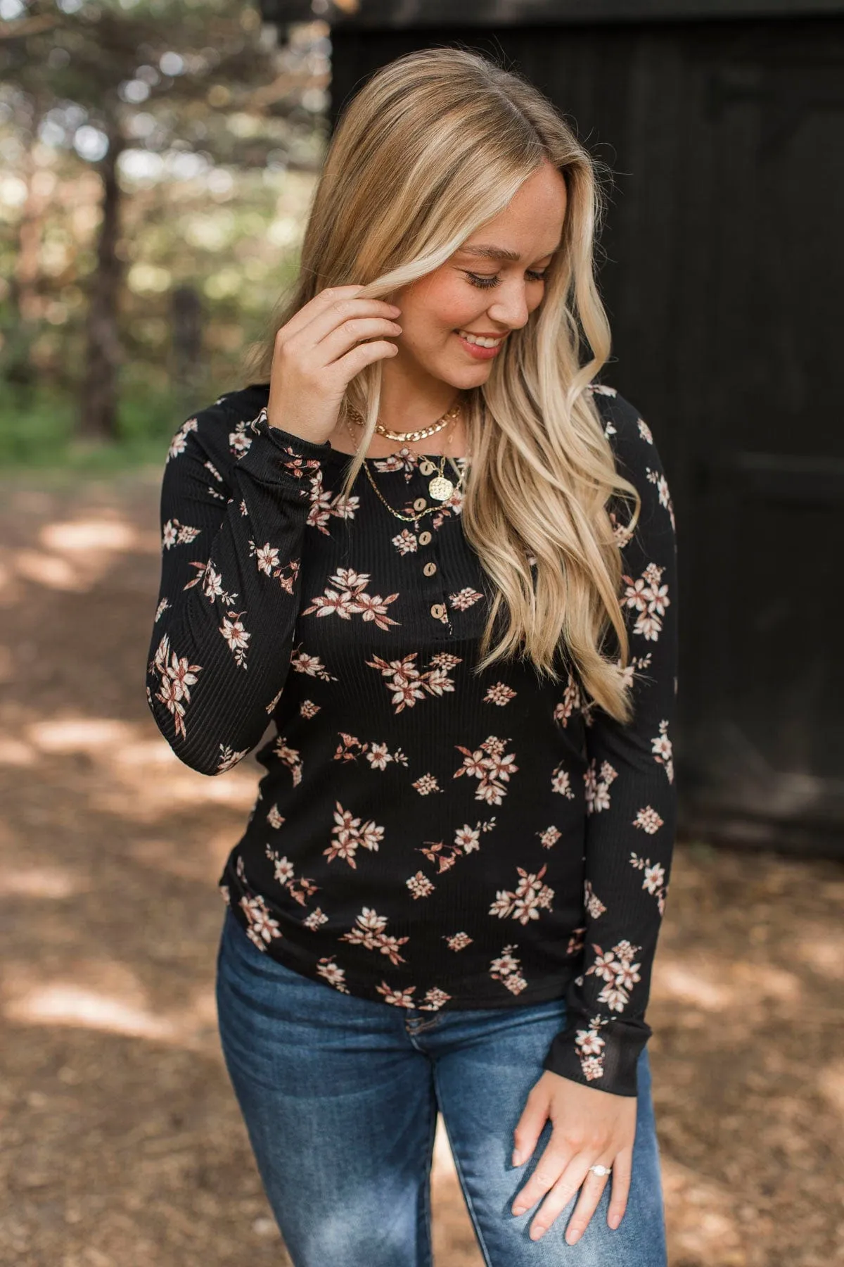 Call Me Lovely Floral Henley Top- Black & Tan