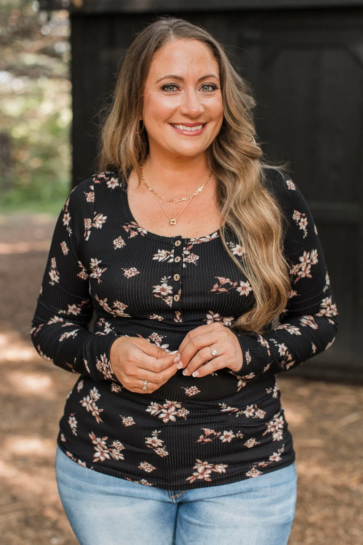 Call Me Lovely Floral Henley Top- Black & Tan