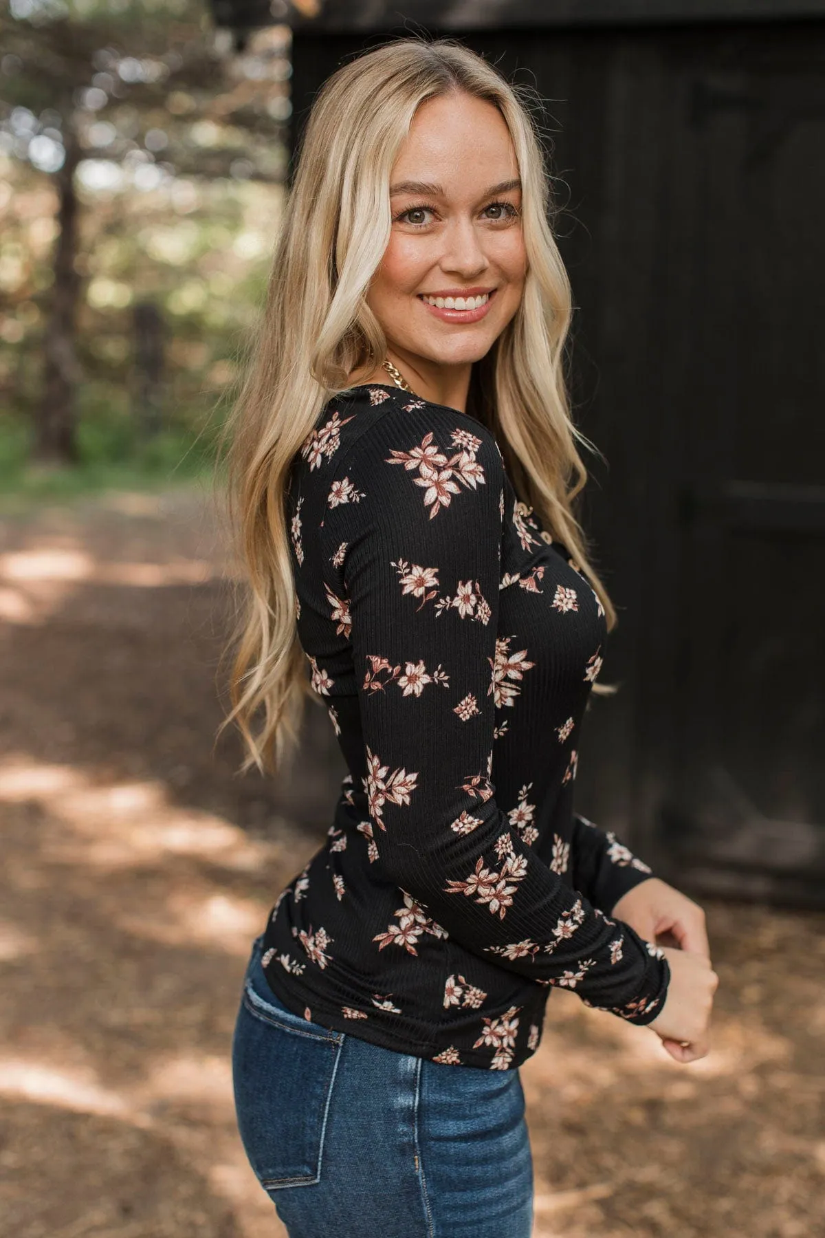 Call Me Lovely Floral Henley Top- Black & Tan