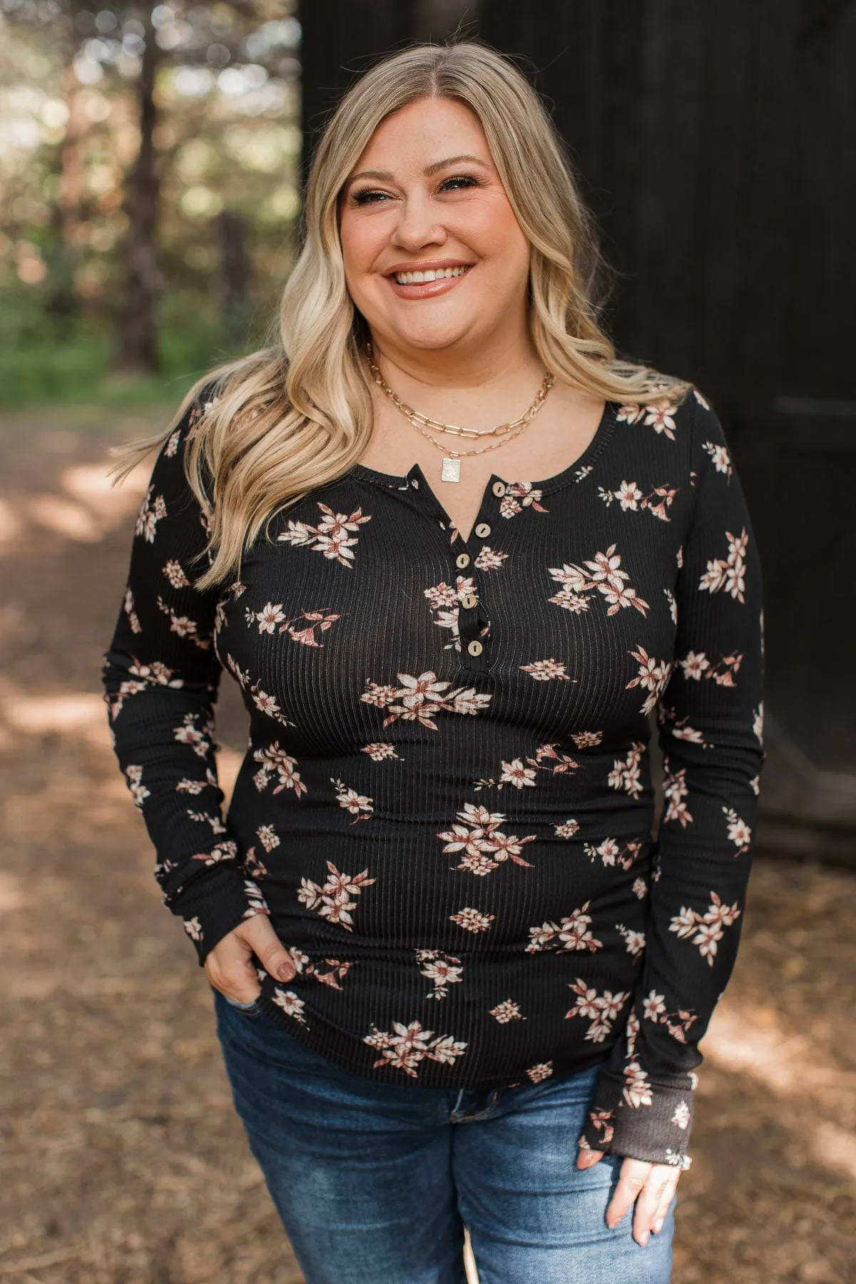 Call Me Lovely Floral Henley Top- Black & Tan