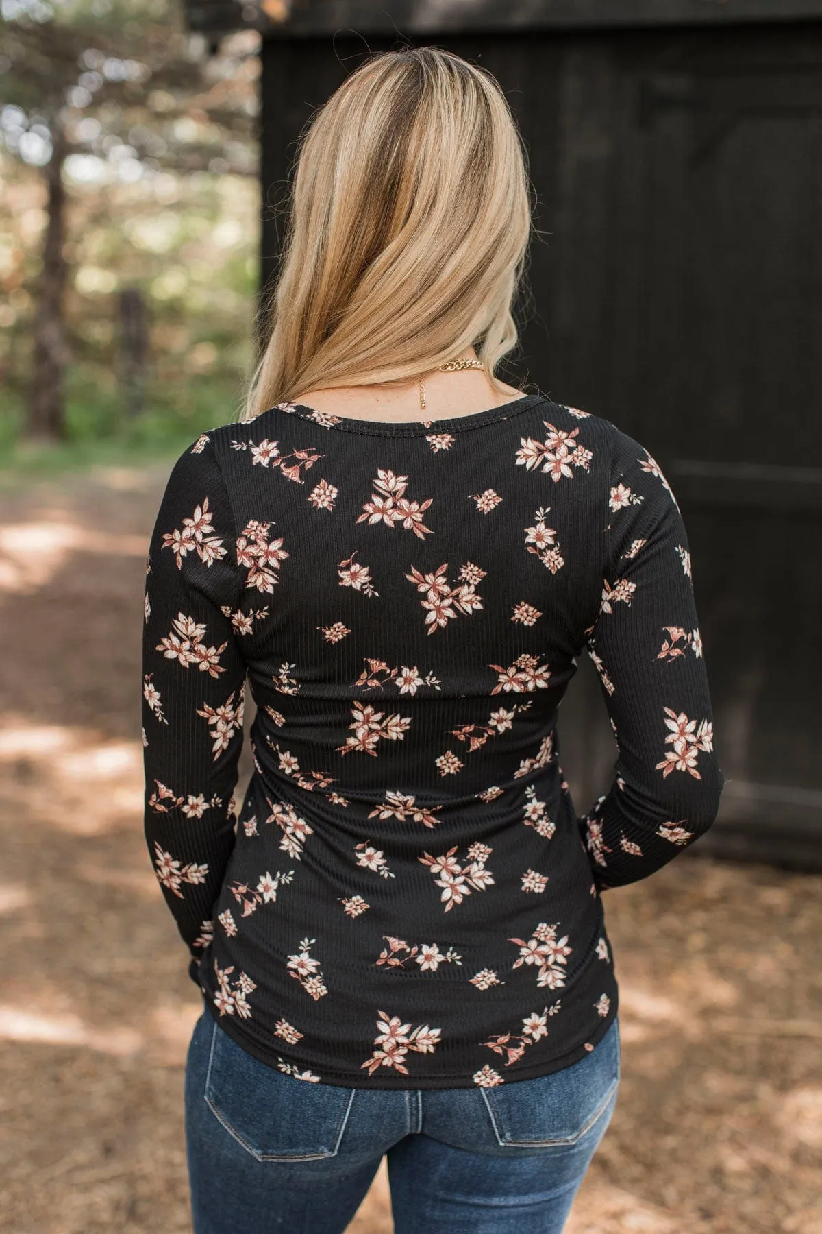 Call Me Lovely Floral Henley Top- Black & Tan