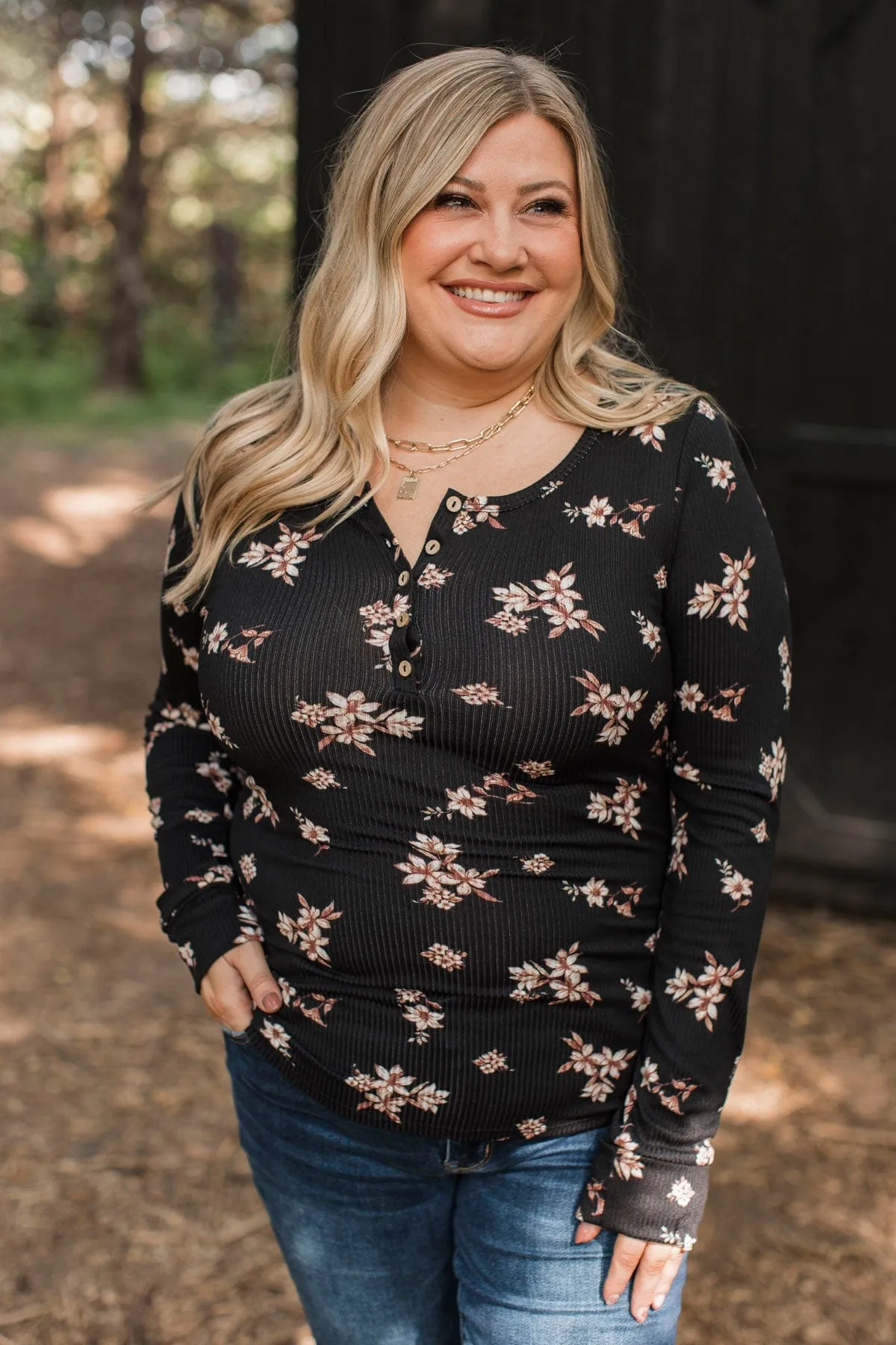 Call Me Lovely Floral Henley Top- Black & Tan