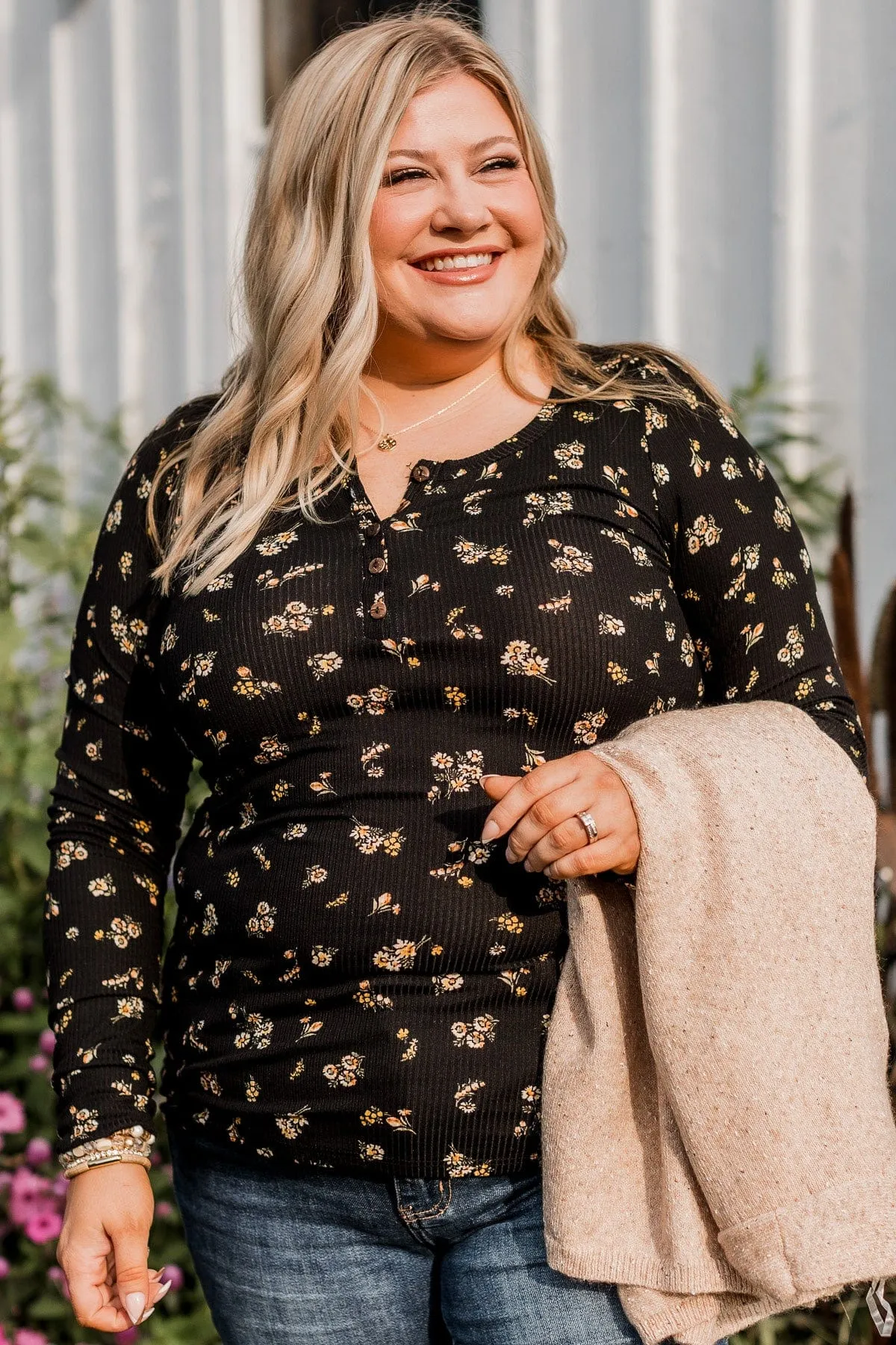 Call Me Lovely Floral Henley Top- Black