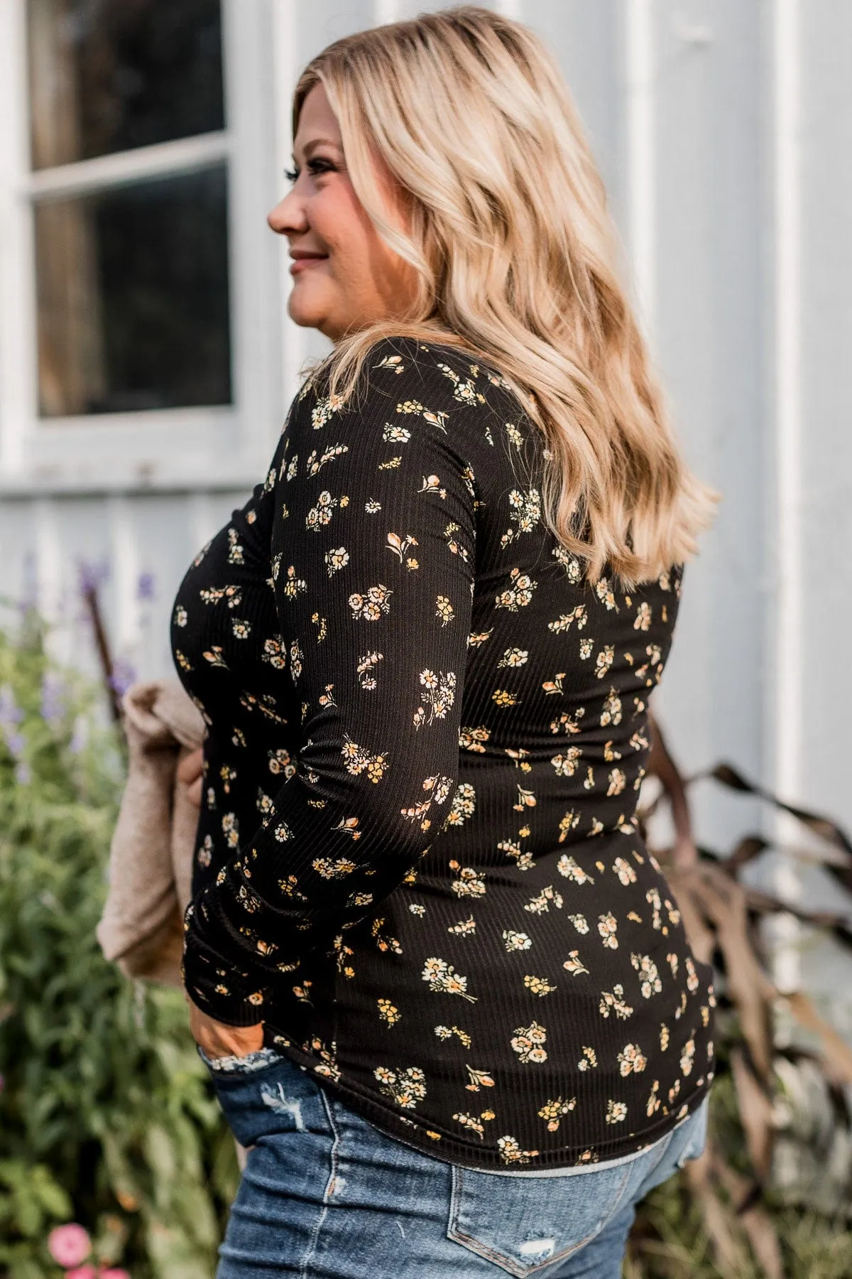 Call Me Lovely Floral Henley Top- Black